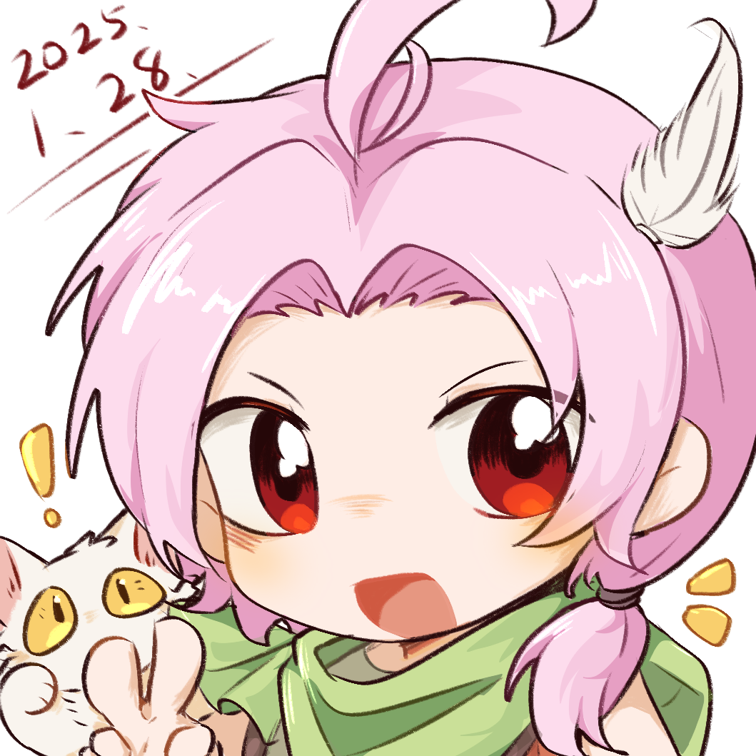 ! 1boy :d ahoge cat chinese_commentary commentary_request curtained_hair dated dita_iliner feather_hair_ornament feathers godzylla_(saibou_shinkyoku) green_scarf hair_ornament lemon04 low_ponytail male_focus medium_hair notice_lines open_mouth parted_bangs pink_hair ponytail portrait red_eyes saibou_shinkyoku scarf side_ponytail smile v white_cat