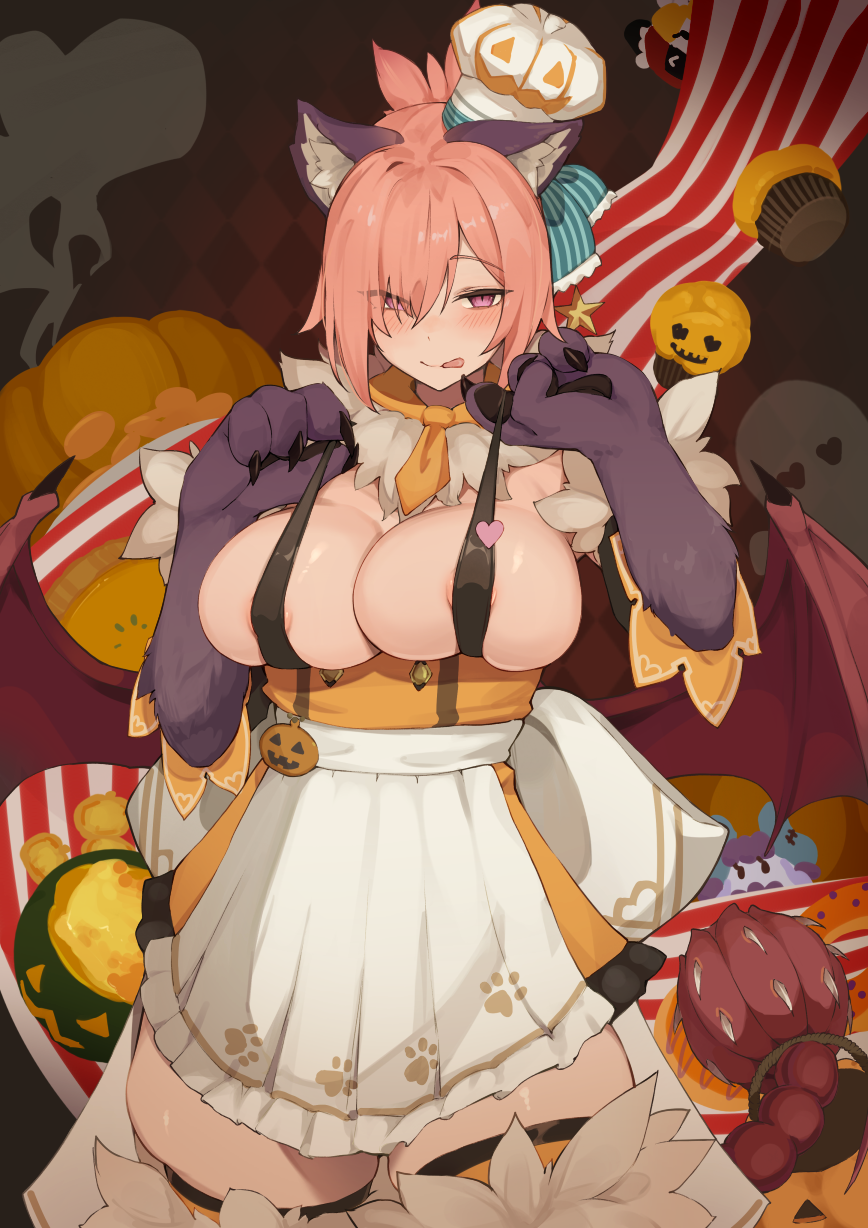 3girls animal_ear_fluff animal_ears apron areola_slip bell_orgel black_skin blonde_hair blue_skin blush bogey_(monster_girl_encyclopedia) bogie_(monster_girl_encyclopedia) breast_lift breasts bursting_breasts candy cat_paws chef_hat claws colored_skin cupcake dark-skinned_female dark_skin deep_skin doll donut food ghost halloween halloween_bucket hat heart heart-shaped_pupils heart_print highres horns jack-o&#039;-lantern large_breasts licking_lips looking_at_viewer manticore manticore_(monster_girl_encyclopedia) monster_girl monster_girl_encyclopedia monster_girl_encyclopedia_ii multicolored_eyes multicolored_hair multicolored_skin multiple_girls naughty_face neck_fur necktie pale_skin paw_print pie pink_eyes pink_hair pumpkin purple_eyes purple_hair purple_skin red_hair revealing_clothes short_hair slit_pupils spikes steam suspenders symbol-shaped_pupils tail thick_thighs thighs tongue tongue_out two-tone_eyes two-tone_hair two-tone_skin very_dark_skin white_skin wings