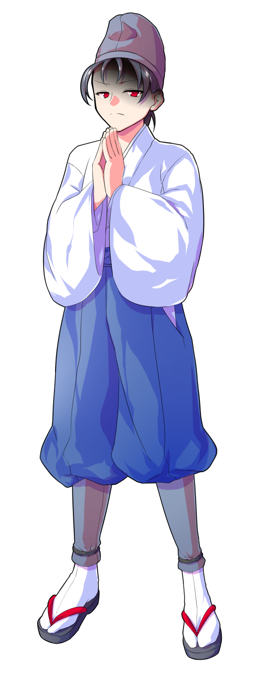 1boy alphes_(style) black_hair blue_pants commentary_request dairi full_body grey_hat hat highres japanese_clothes large_variant_set legs_apart long_sleeves male_focus own_hands_together pants parody shaded_face shingyoku_(male) shingyoku_(touhou) short_hair socks solo standing straight_hair style_parody tabi tachi-e tate_eboshi touhou touhou_(pc-98) transparent_background variant_set white_socks wide_sleeves
