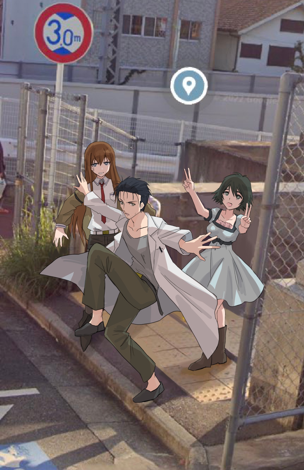 1boy 2girls :d annoyed belt belt_buckle black_footwear black_hair black_shorts blue_dress blue_eyes bob_cut boots breast_pocket breasts bright_pupils brown_coat brown_eyes brown_footwear brown_hair brown_jacket buckle building chain-link_fence coat collared_shirt double_v dress dress_shirt embarrassed fence full_body google_maps google_street_view grass green_eyes grey_shirt hair_between_eyes hair_slicked_back hands_up high_school_girls_posing_for_google_street_view_(meme) highres jacket jun_(rellik_&amp;_redrum) lab_coat long_coat long_hair long_sleeves makise_kurisu medium_breasts meme multiple_girls object_in_pocket okabe_rintarou open_clothes open_coat open_jacket open_mouth parted_lips pen pen_in_pocket photo_background pocket puffy_short_sleeves puffy_sleeves raised_curb road road_sign shiina_mayuri shirt shoes short_hair short_sleeves shorts sidewalk sign small_breasts smile spread_fingers squatting standing steins;gate street t-shirt tactile_paving town v v-shaped_eyebrows walking white_belt white_coat white_pupils white_shirt