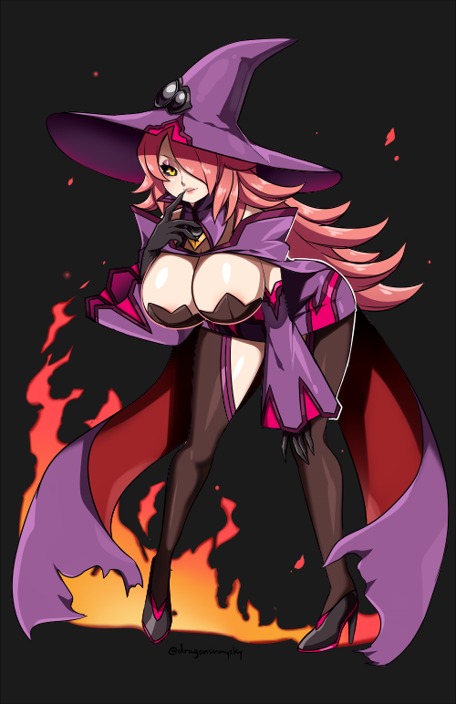 1girl bent_over black_background black_footwear black_sclera blazblue blazblue:_central_fiction blazblue_phase_0 breasts cape cleavage colored_sclera commission d-ryuu eyeliner eyeshadow female_focus finger_to_mouth fire full_body gloves hair_between_eyes hair_over_one_eye hanging_breasts hat high_heels index_finger_raised konoe_a._mercury large_breasts lips long_hair looking_at_viewer makeup mascara naughty_face parted_lips pink_hair red_hair seductive_smile simple_background smile solo standing thighhighs witch witch_hat yellow_eyes