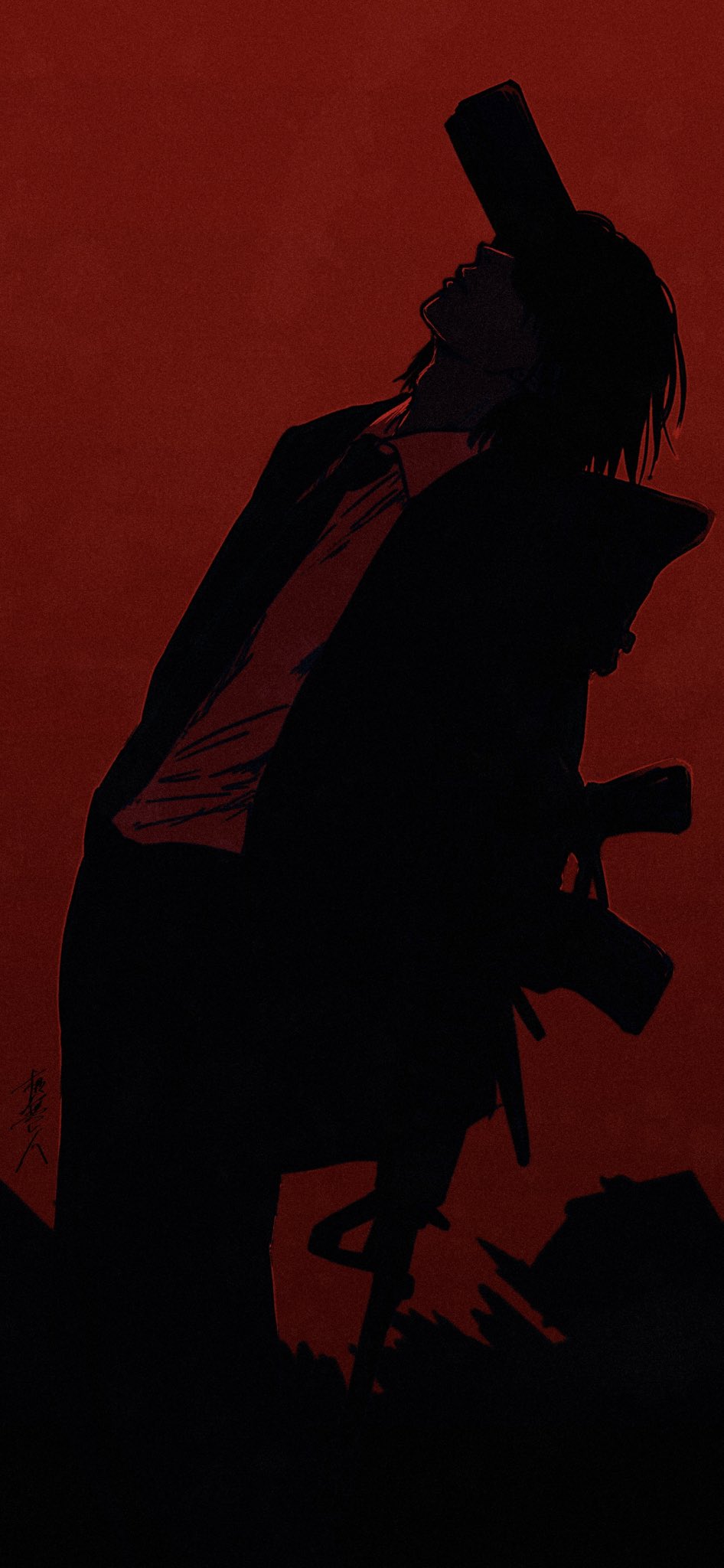 1boy assault_rifle black_hair black_jacket black_necktie black_pants chainsaw_man collared_shirt facing_up film_grain formal_clothes gun gun_devil_(chainsaw_man) handgun hayakawa_aki highres jacket necktie nenashibito pants red_theme rifle ruins shirt shirt_tucked_in short_hair signature solo suit suit_jacket weapon white_shirt