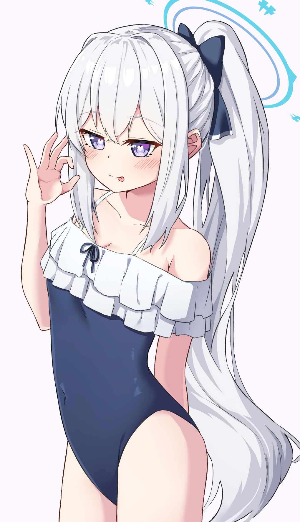 1girl :p arched_back bare_shoulders blue_archive blue_bow blue_one-piece_swimsuit blush bow breasts collarbone commentary_request covered_navel fellatio_gesture frilled_one-piece_swimsuit frills grey_hair hair_between_eyes hair_bow hair_intakes halo hand_up heart heart-shaped_pupils highres long_hair looking_at_viewer miyako_(blue_archive) miyako_(swimsuit)_(blue_archive) navel nenosame off-shoulder_one-piece_swimsuit off_shoulder one-piece_swimsuit ponytail purple_background purple_eyes seductress sidelocks simple_background sleeveless small_breasts smile solo standing swimsuit symbol-shaped_pupils tongue tongue_out very_long_hair