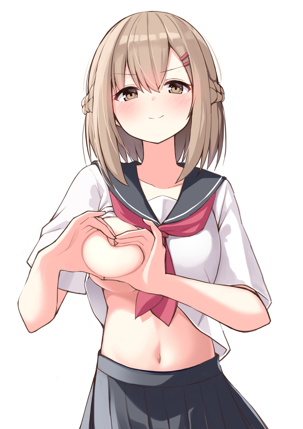 areola_slip black_skirt breasts brown_eyes brown_hair childhood_friend_(ominaeshi) heart-shaped_boob_challenge highres looking_at_viewer medium_breasts navel ominaeshi_(takenoko) one_breast_out original school_uniform shirt skirt smile white_shirt
