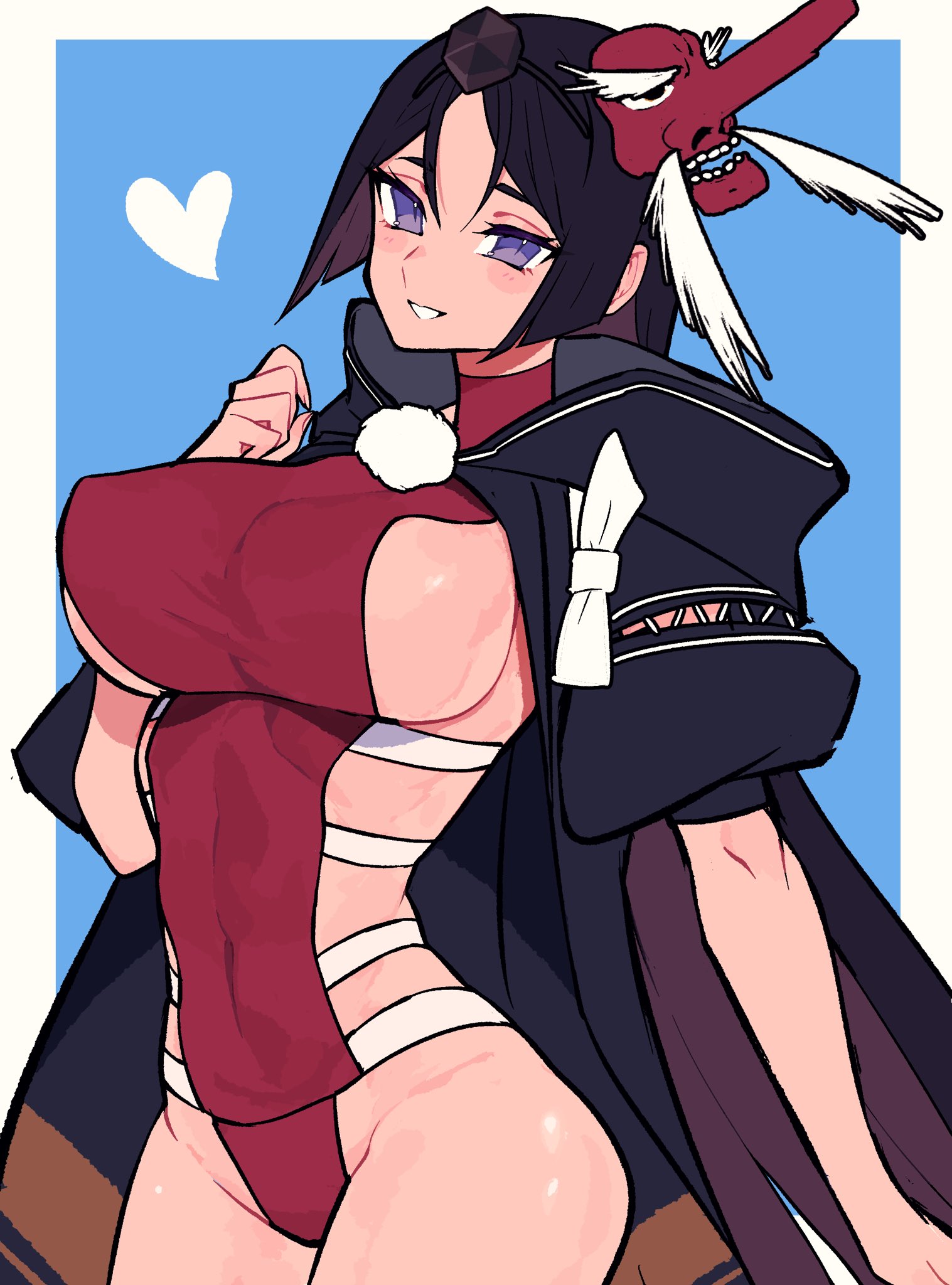 1girl black_hair black_jacket breasts cosplay fate/grand_order fate_(series) grin hacco_mayu highres jacket large_breasts long_hair looking_at_viewer mask minamoto_no_raikou_(fate) one-piece_swimsuit parted_bangs purple_eyes red_one-piece_swimsuit short_sleeves sideboob smile solo swimsuit tengu_mask ushiwakamaru_(fate) ushiwakamaru_(fate)_(cosplay) ushiwakamaru_(swimsuit_assassin)_(fate) ushiwakamaru_(swimsuit_assassin)_(third_ascension)_(fate) very_long_hair