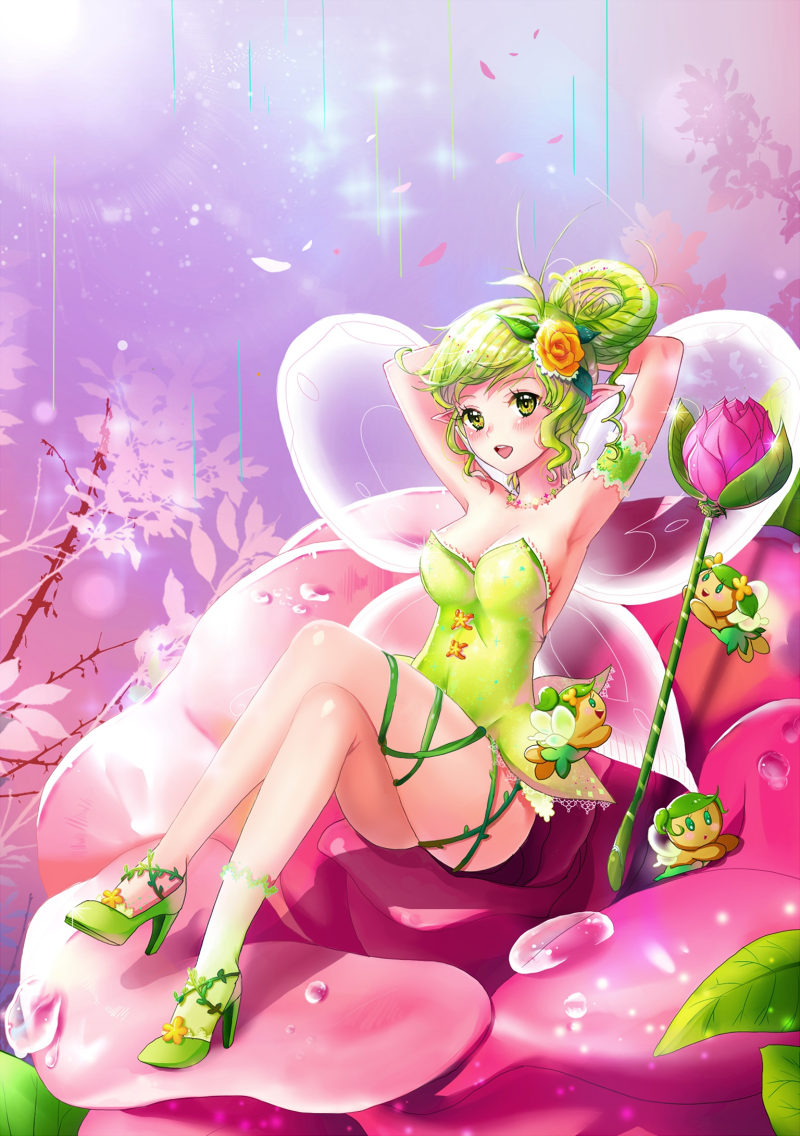 1girl armpits arms_up bad_id bad_pixiv_id blush breasts cookie_run fairy_cookie fairy_wings flower gradient_background green_eyes green_hair hair_flower hair_ornament high_heels open_mouth pointy_ears smile ssumbi wings