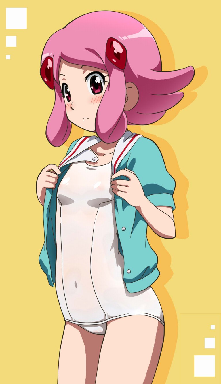 1girl awa blue_shirt closed_mouth hair_ornament hairclip highres looking_at_viewer one-piece_swimsuit pink_eyes pink_hair puzzle_&amp;_dragons shirt short_hair solo swimsuit uzuki_sakura