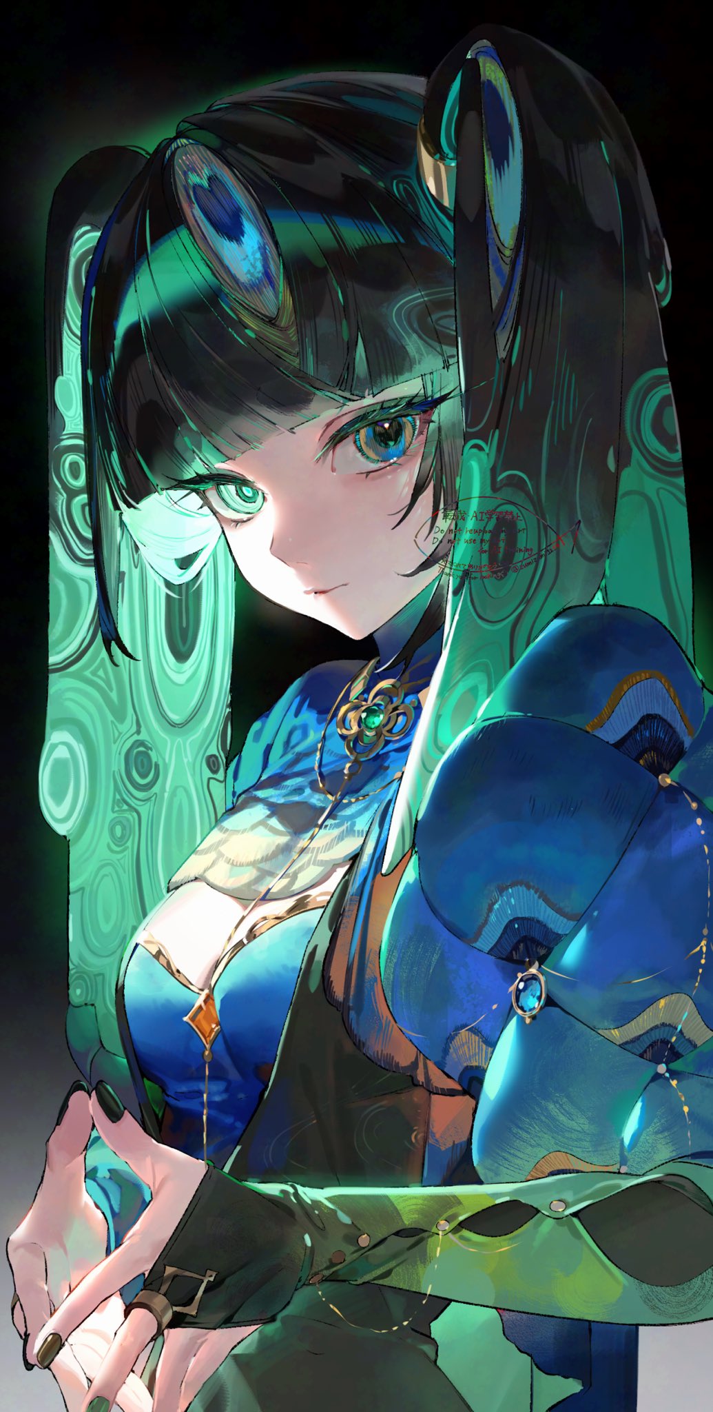 1girl black_background black_bridal_gauntlets black_hair black_nails blue_dress blue_eyes blunt_bangs breasts bridal_gauntlets bright_pupils cleavage cleavage_cutout clothing_cutout dress expressionless extra_eyes eyelashes gold_necklace gold_ring gradient_background gradient_hair gradient_sleeves green_eyes green_hair green_pupils green_sleeves grey_background hair_half_over_shoulder heterochromia highres jewelry juliet_sleeves lips long_sleeves looking_at_viewer medium_breasts mismatched_pupils mizumi_zumi multicolored_hair nail_polish necklace original own_hands_together parted_lips peacock_print puffy_sleeves simple_background solo straight_hair turtleneck turtleneck_dress twintails upper_body watermark