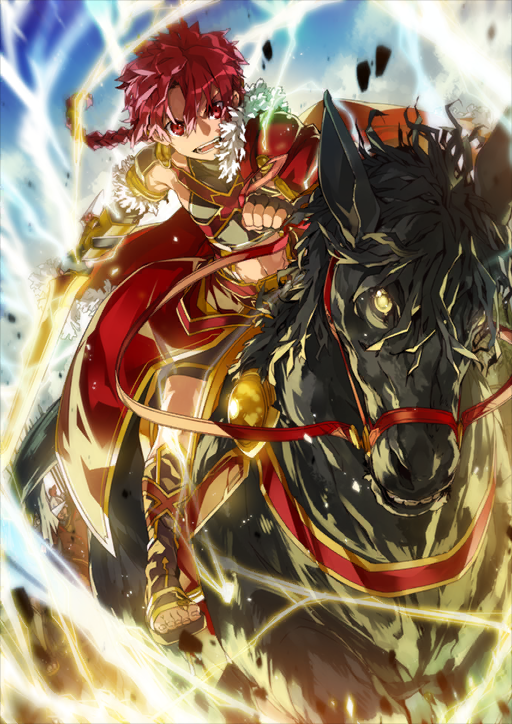 1boy :d alexander_(fate) belt black_shirt black_skirt boots braid bridle brown_boots brown_gloves bucephalus_(fate) bunbun cape crop_top fate/grand_order fate_(series) fingerless_gloves fur-trimmed_cape fur-trimmed_gloves fur_trim gloves hair_between_eyes halterneck harness holding holding_reins horse horseback_riding long_hair looking_at_viewer male_focus motion_blur motion_lines navel official_art open_mouth red_belt red_cape red_eyes red_hair reins riding shirt side_cape single_braid skirt smile solo teeth third-party_source toes waist_cape
