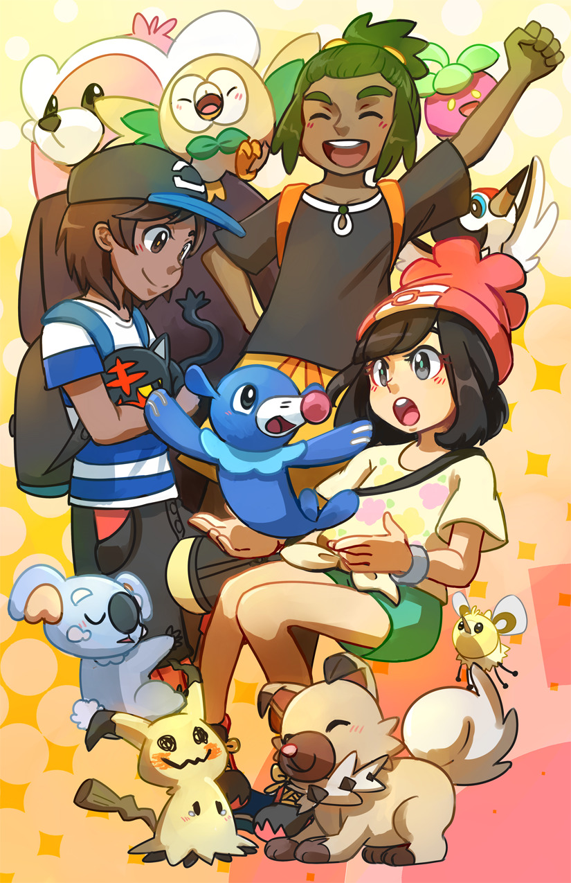 1girl 2boys animal_ears backpack bag bewear bounsweet cat_ears cat_tail closed_eyes cutiefly dark-skinned_male dark_skin dog_ears dog_tail elio_(pokemon) gen_7_pokemon green_hair grey_eyes hat hau_(pokemon) highres komala litten mimikyu multiple_boys nintendo open_mouth pokemon pokemon_(creature) pokemon_sm popplio red_hat rockruff rowlet selene_(pokemon) shirt skycompass sleeveless sleeveless_shirt tail trumbeak