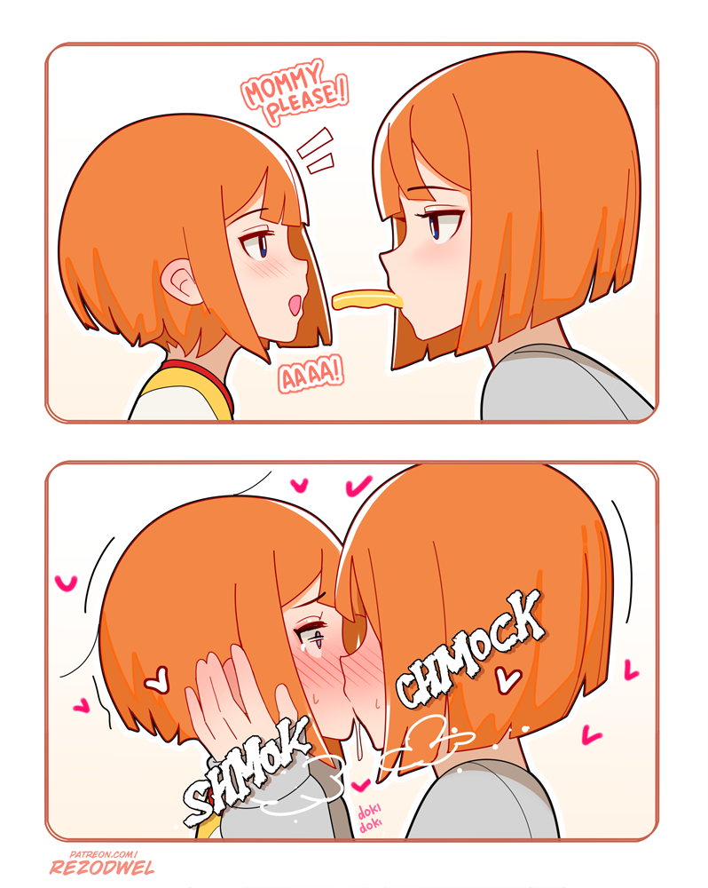 2girls age_difference artist_name blue_eyes blush daughter_(yoru_mac) english_text female_focus food french_fries from_side hand_on_another&#039;s_cheek heart incest kiss loli looking_at_another mcdonald&#039;s mother_(yoru_mac) mother_and_daughter multiple_girls onee-loli open_mouth orange_hair panels patreon_username product_girl profile rezodwel saliva shared_food short_hair sidelocks sound_effects sweat yoru_mac yuri