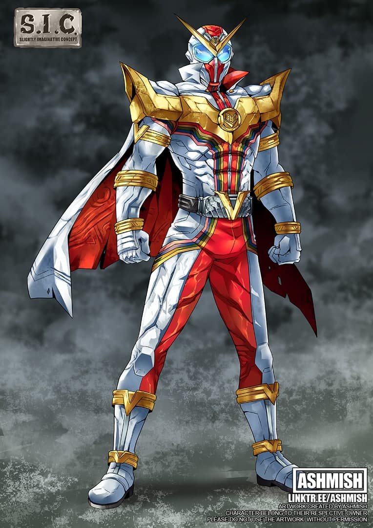 1boy artist_name ashmish blue_eyes bodysuit cape clenched_hands kikai_sentai_zenkaiger looking_up making-of_available male_focus muscular muscular_male no_humans skin_tight solo standing super_sentai tokusatsu v-fin zenkaizer