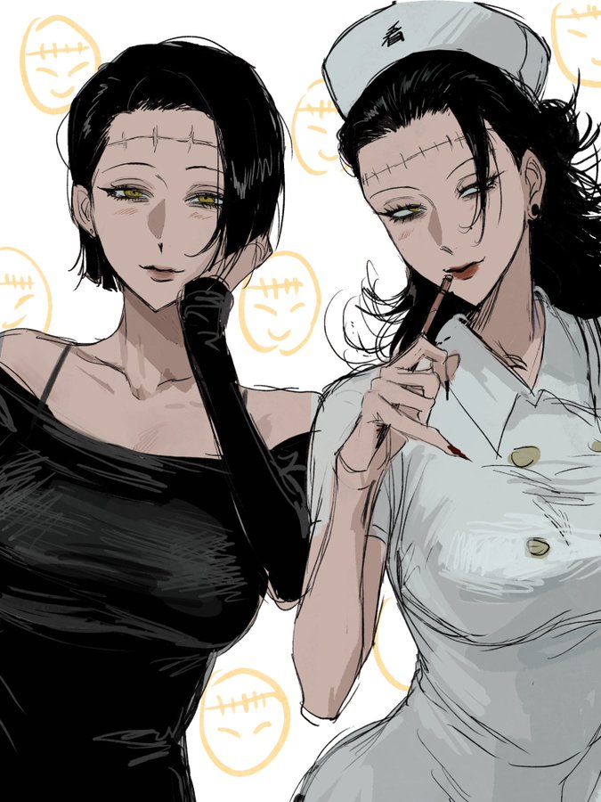 2girls black_hair bob_cut breasts earrings fallsoki fingernails genderswap genderswap_(mtf) getou_suguru getou_suguru_(kenjaku) hat itadori_kaori jewelry jujutsu_kaisen light_blush multiple_girls nurse nurse_cap pencil_to_face sharp_fingernails stitches yellow_eyes