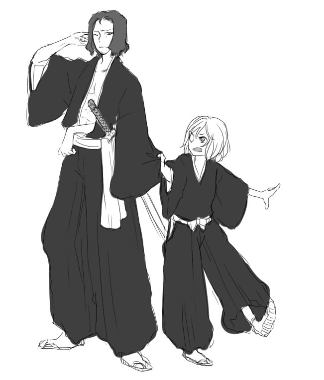 1boy 1girl arrancar bleach coyote_starrk katana lilynette_gingerbuck monochrome shinishi_chiho sketch sword weapon