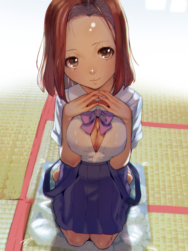 1girl blue_skirt bow bowtie breasts brown_eyes brown_hair cleavage closed_mouth female_focus fingers_together forehead looking_at_viewer medium_breasts original overall_skirt pleated_skirt purple_bow purple_bowtie school_uniform seiza shirt sitting skirt smile solo soon_(c-u-soon) strap_slip tatami unbuttoned unbuttoned_shirt white_shirt