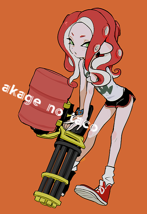 1girl black_shorts bracelet closed_mouth commentary_request dolphin_shorts freckles full_body green_eyes heavy_splatling_(splatoon) holding holding_weapon imaikuy0 jewelry long_hair looking_at_viewer nintendo octoling octoling_girl octoling_player_character orange_background parted_bangs red_hair red_shoes shoes shorts sneakers socks solo splatoon_(series) standing tank_top tentacle_hair weapon white_socks white_tank_top