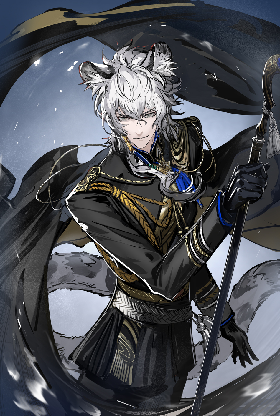 1boy aiguillette animal_ears arknights black_cape black_gloves black_jacket black_pants black_suit cane cape commentary crossed_bangs formal_clothes gloves grey_eyes grey_hair hair_between_eyes highres holding holding_cane jacket leopard_boy leopard_ears leopard_tail long_sleeves looking_at_viewer male_focus pants royal_robe ryuuzaki_ichi short_hair silverash_(arknights) silverash_(never-melting_ice)_(arknights) snow_leopard_boy snow_leopard_ears snow_leopard_tail solo suit tail