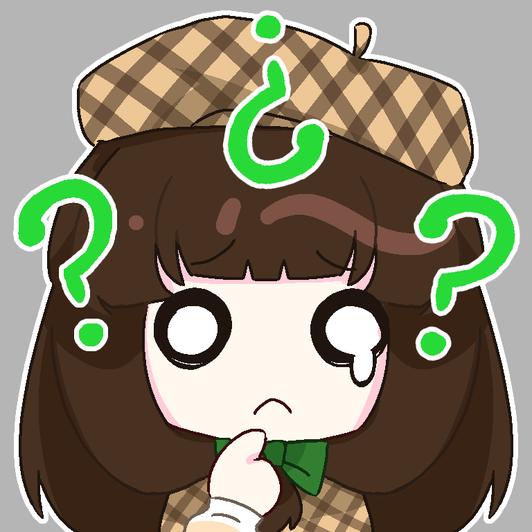 1girl ? bow brown_hair chibi chinese_commentary commentary_request danganronpa_another finger_to_own_chin front_ponytail frown green_bow grey_background hair_bow long_hair long_sleeves nijiue_iroha no_nose o_o outline priswocaer simple_background solo super_danganronpa_another_2 teardrop white_outline
