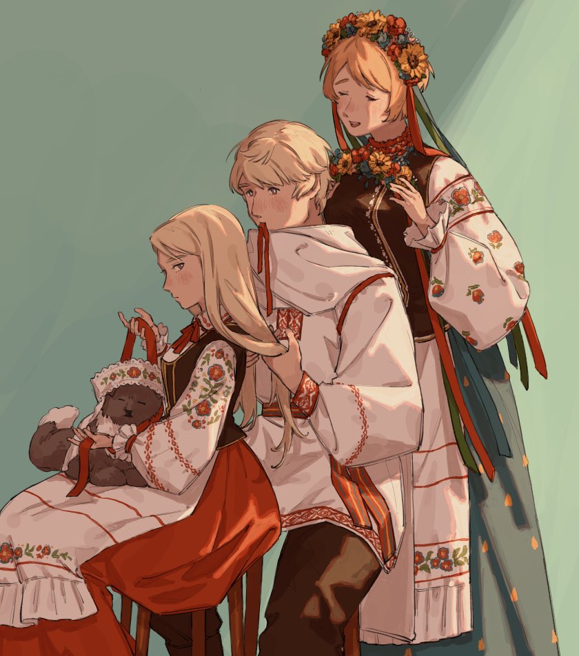 1boy 2girls animal axis_powers_hetalia belarus_(hetalia) blonde_hair blush brown_pants cat closed_eyes closed_mouth dress feet_out_of_frame floral_print flower flower_wreath green_background hair_flower hair_ornament hair_ribbon hair_tie_in_mouth head_wreath holding holding_another&#039;s_hair holding_ribbon long_hair long_sleeves looking_at_another looking_at_viewer morikusu_01 mouth_hold multiple_girls neck_ribbon pants profile puffy_long_sleeves puffy_sleeves putting_on_headwear ribbon ribbon_in_mouth russia_(hetalia) sash shirt sideways_glance sitting smile standing traditional_clothes tying_hair ukraine_(hetalia) white_shirt