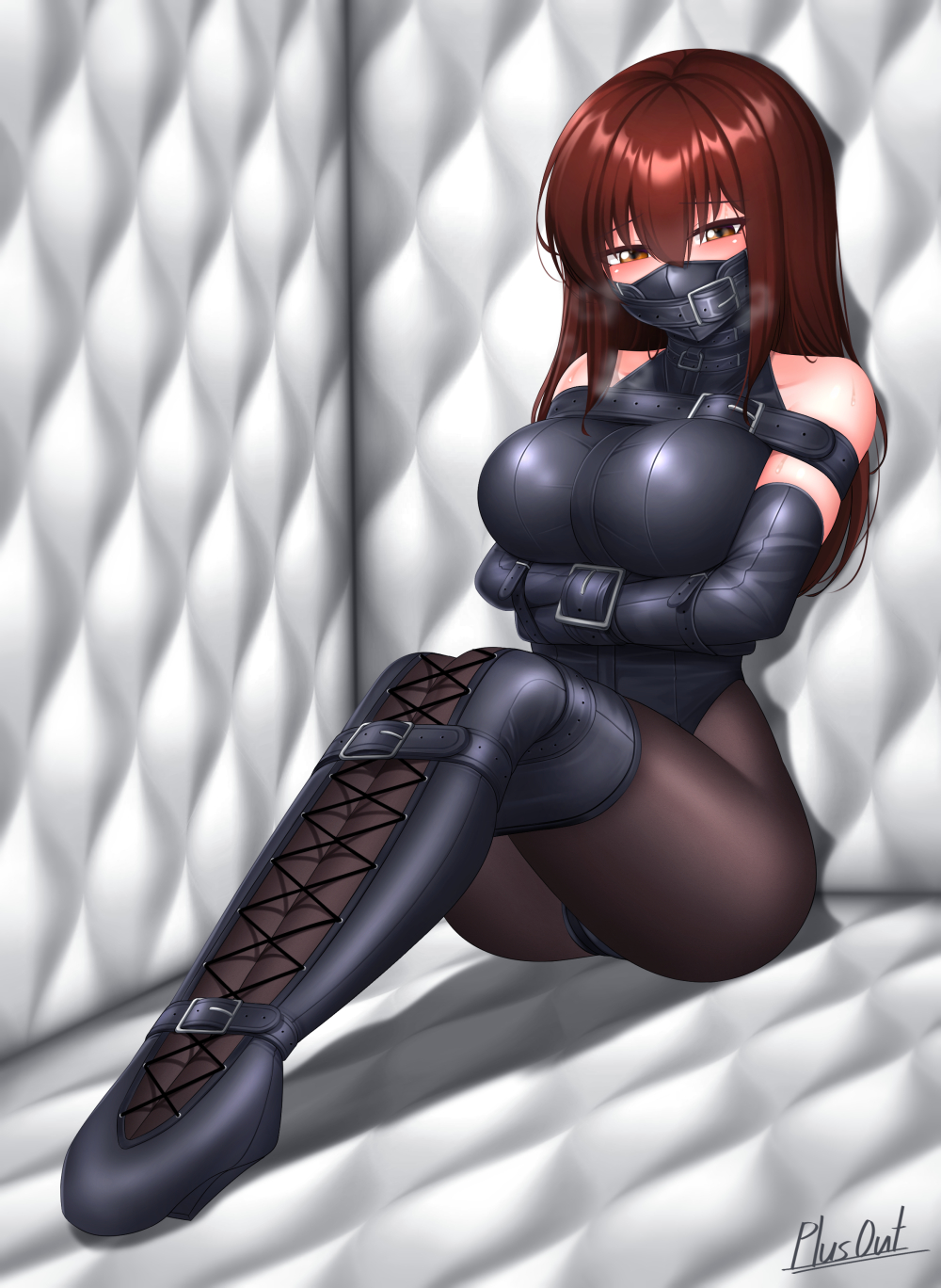 1girl arms_under_breasts bare_shoulders bdsm black_mask black_pantyhose blush bondage bound breasts breath brown_hair cloth_gag female_focus full_body gag gagged half-closed_eyes highres improvised_gag legbinder mask mouth_mask original over_the_nose_gag pantyhose peril plusout restrained solo straitjacket