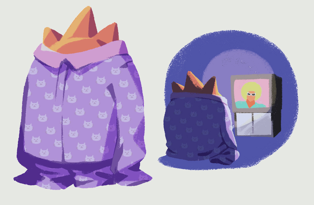 1boy afro animal_print blonde_hair bobobo-bo_bo-bobo bobobo-bo_bo-bobo_(character) cat_print crt don_patch grey_background maiko_(setllon) male_focus multiple_views oversized_clothes pajamas purple_pajamas purple_shirt screen_light shirt sunglasses tinted_eyewear watching_television