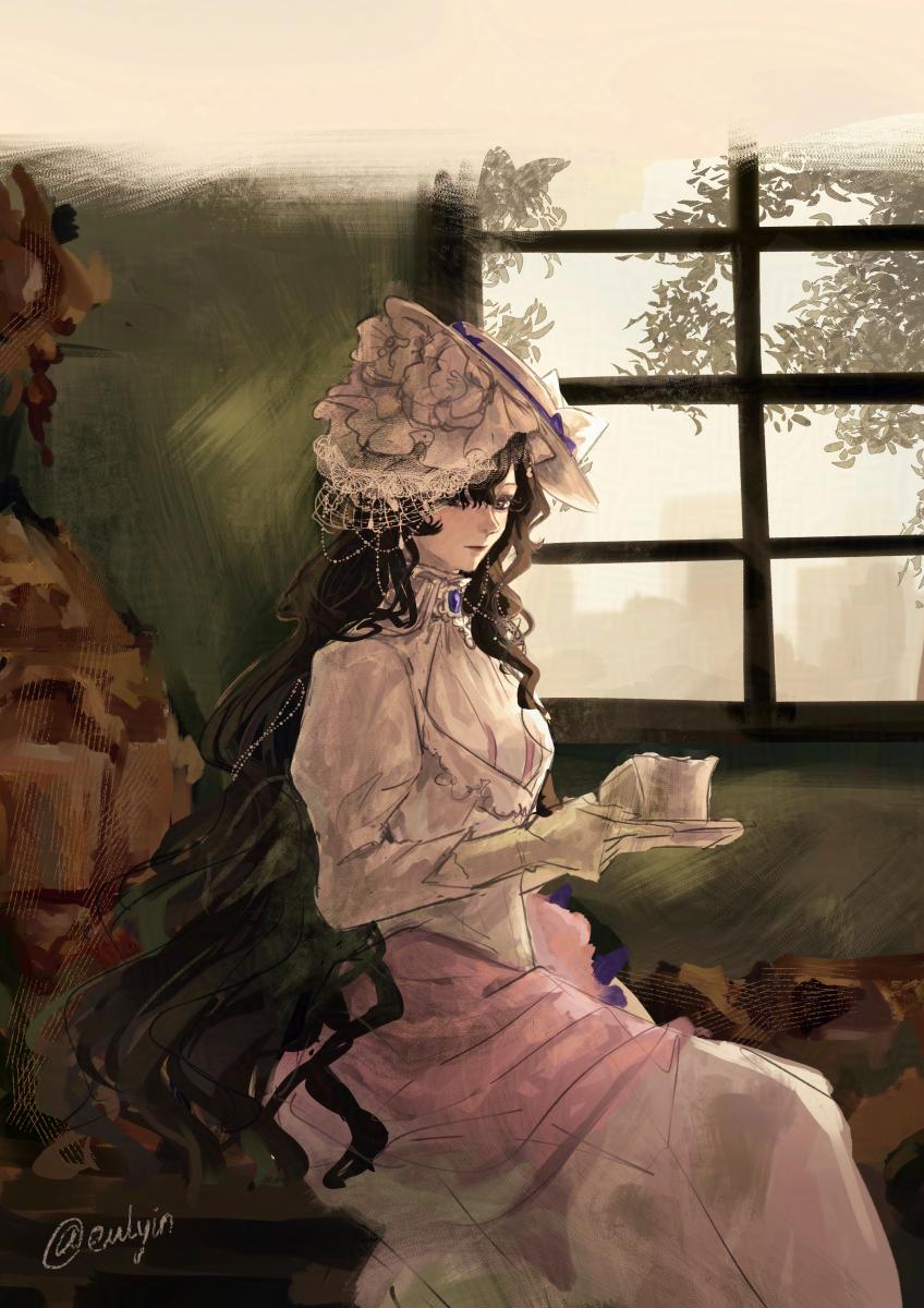 1girl black_hair cup dress eulyin_huan feet_out_of_frame gloves gown hat highres holding holding_cup holding_saucer indoors isolde_(reverse:1999) juliet_sleeves long_dress long_hair long_sleeves puffy_sleeves purple_eyes reverse:1999 saucer sitting solo twitter_username veil very_long_hair white_dress white_hat white_veil window yellow_gloves