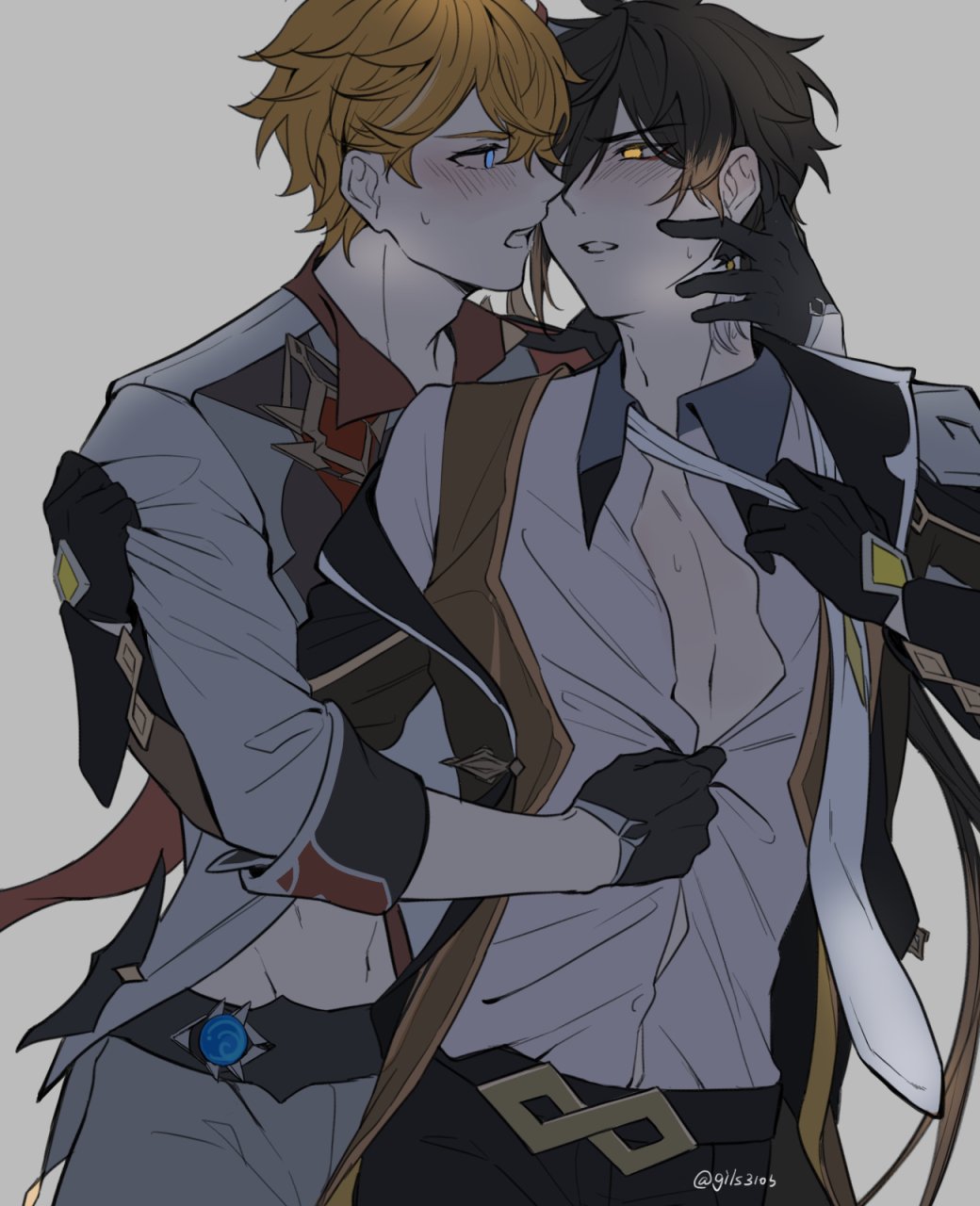 2boys blush genshin_impact gils3105 gripping_clothes hand_on_another&#039;s_face multiple_boys tartaglia_(genshin_impact) twitter undressing undressing_another yaoi zhongli_(genshin_impact)