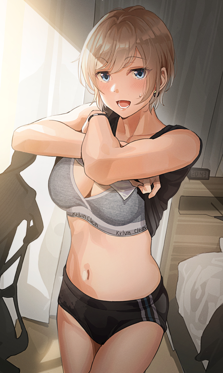 1girl :d bare_arms bed bedroom black_buruma black_shirt blouse blue_eyes blush bra brand_name_imitation breasts buruma chair cleavage clock clothes_lift clothes_on_bed collarbone crossed_arms curtains digital_clock earrings grey_bra highres jewelry lifting_own_clothes light_brown_hair looking_at_viewer lower_teeth_only medium_breasts navel office_chair open_mouth original shirt shirt_lift short_hair sleeveless sleeveless_shirt smile solo striped_buruma striped_clothes sweatdrop swivel_chair teeth tipii underwear undressing watch