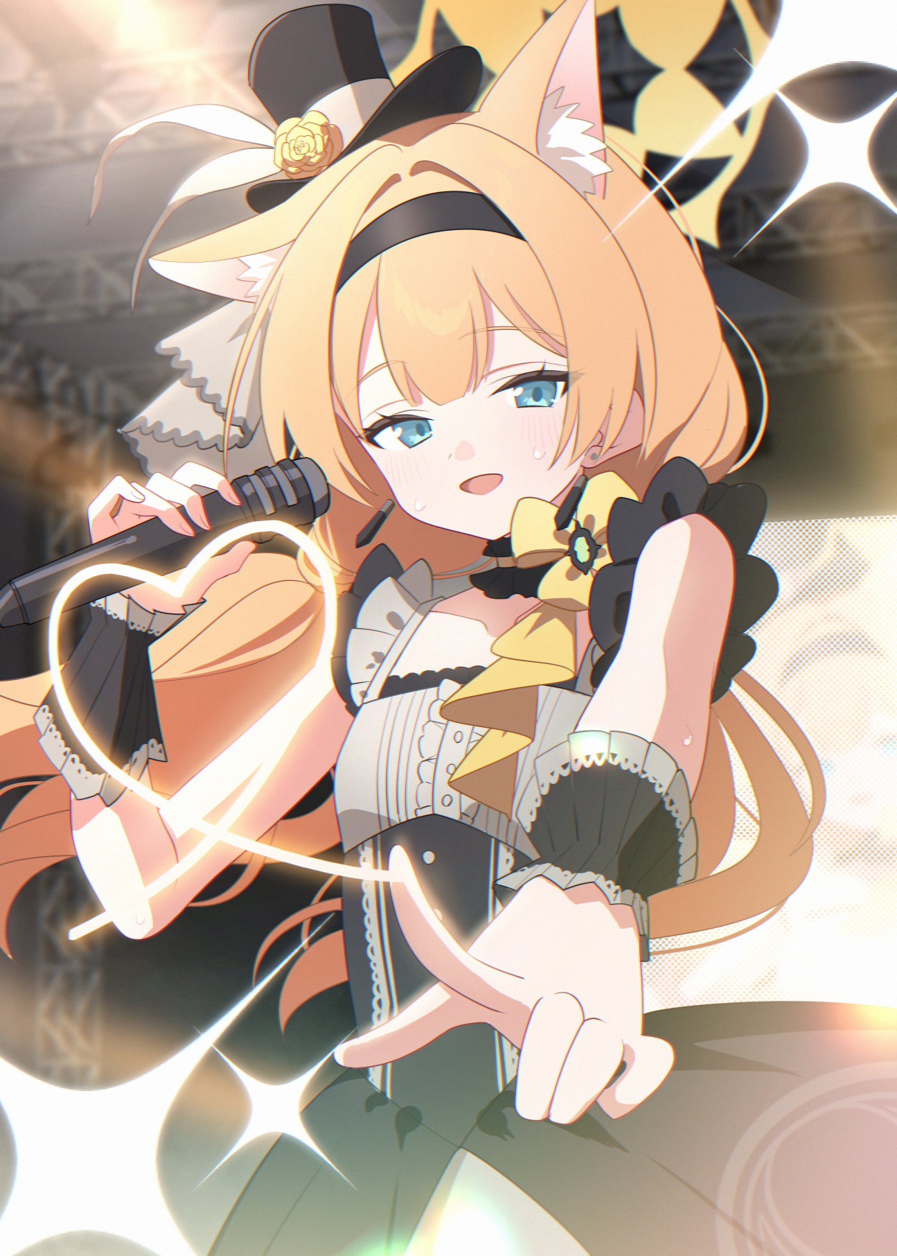 1girl animal_ear_fluff animal_ears black_dress black_hairband black_hat blue_archive blue_eyes blush cat_ears cat_girl choker commentary_request dress floating_hair flower_hat frilled_choker frills hairband halo hat heart highres holding holding_microphone idol idol_clothes index_finger_raised kaerunrun long_hair looking_at_viewer mari_(blue_archive) mari_(idol)_(blue_archive) microphone mini_hat mini_top_hat official_alternate_costume open_mouth orange_hair outstretched_arm sleeveless sleeveless_dress smile solo sweat top_hat wrist_cuffs yellow_halo