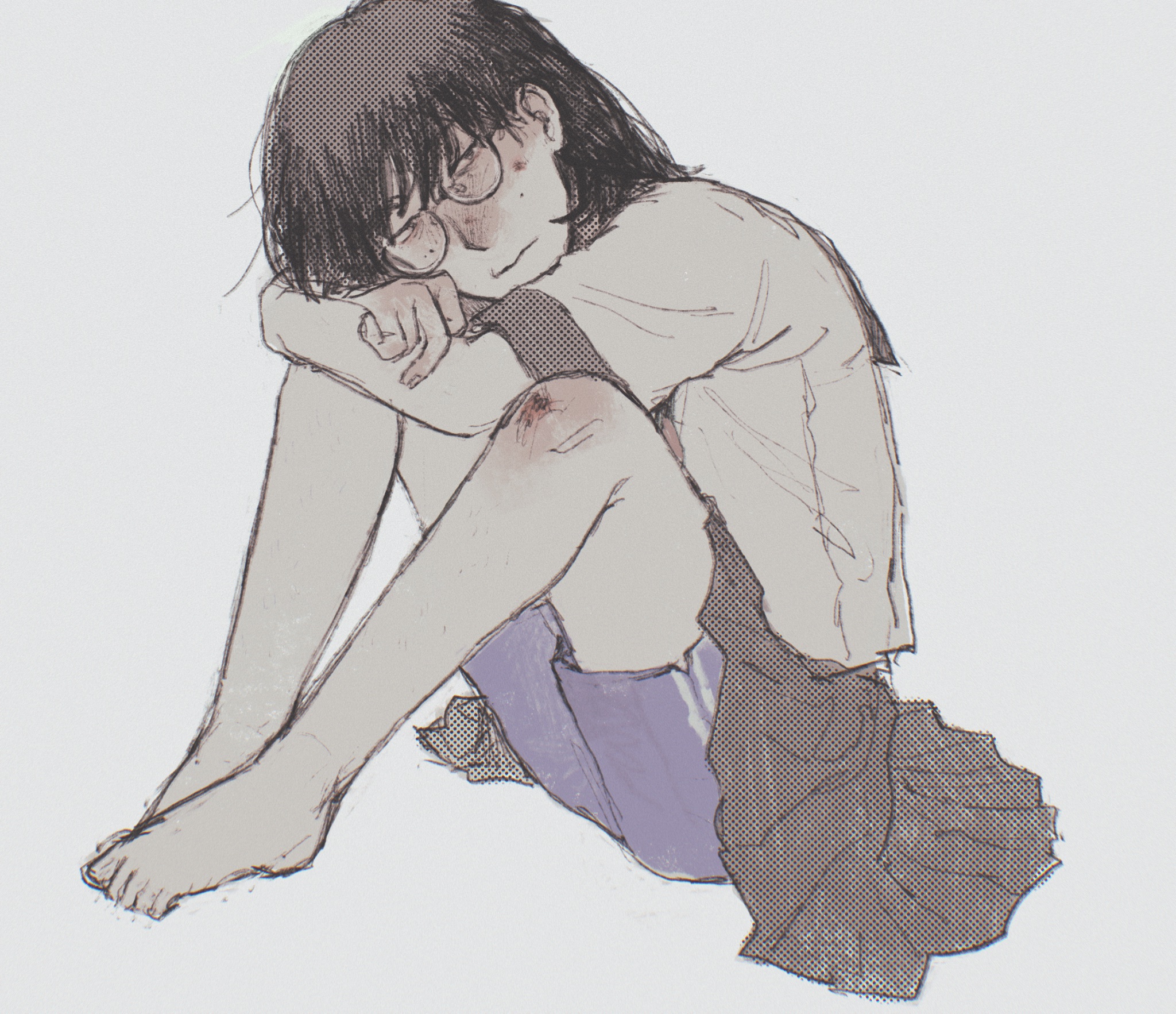 1girl arms_on_knees barefoot black_eyes black_hair black_skirt blue_shorts closed_mouth crossed_arms full_body glasses gozaimas_(masmas_nemui) gym_shorts half-closed_eyes head_on_knee highres jimiko knees_up looking_at_viewer original pimple school_uniform scraped_knee serafuku shirt short_sleeves shorts shorts_under_skirt simple_background sitting skirt solo wavy_mouth white_background