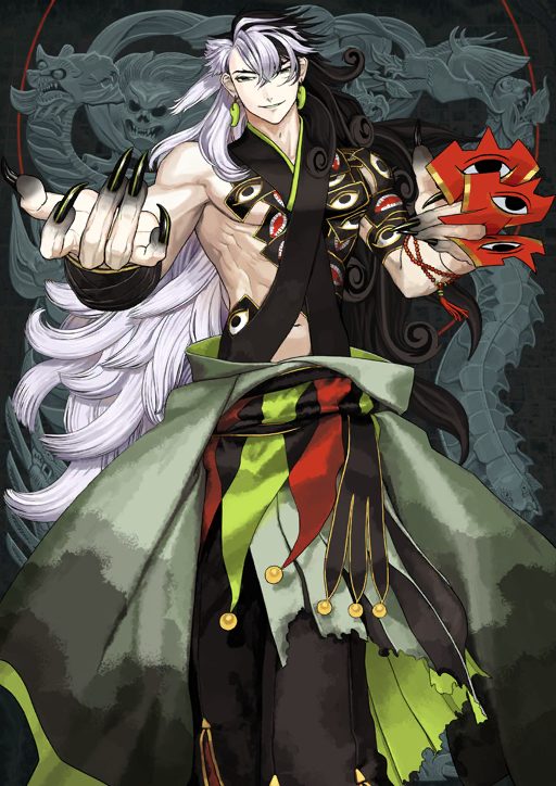 1boy argyle_sash ashiya_douman_(fate) ashiya_douman_(second_ascension)_(fate) beads between_fingers black_eyes black_hair black_nails black_pants black_sash black_skin colored_extremities colored_skin earrings fate/grand_order fate_(series) feet_out_of_frame fingernails floating_hair furumi_showichi game_cg gradient_skin green_kimono hair_between_eyes hands_up head_tilt holding japanese_clothes jewelry kimono large_hands long_fingernails long_hair looking_at_viewer magatama magatama_earrings male_focus midriff_peek multicolored_hair navel official_art pants parted_lips pectorals sash sharp_fingernails solo talisman tassel third-party_source toned toned_male torn_clothes torn_kimono two-tone_hair underpec variant_set very_long_hair white_hair