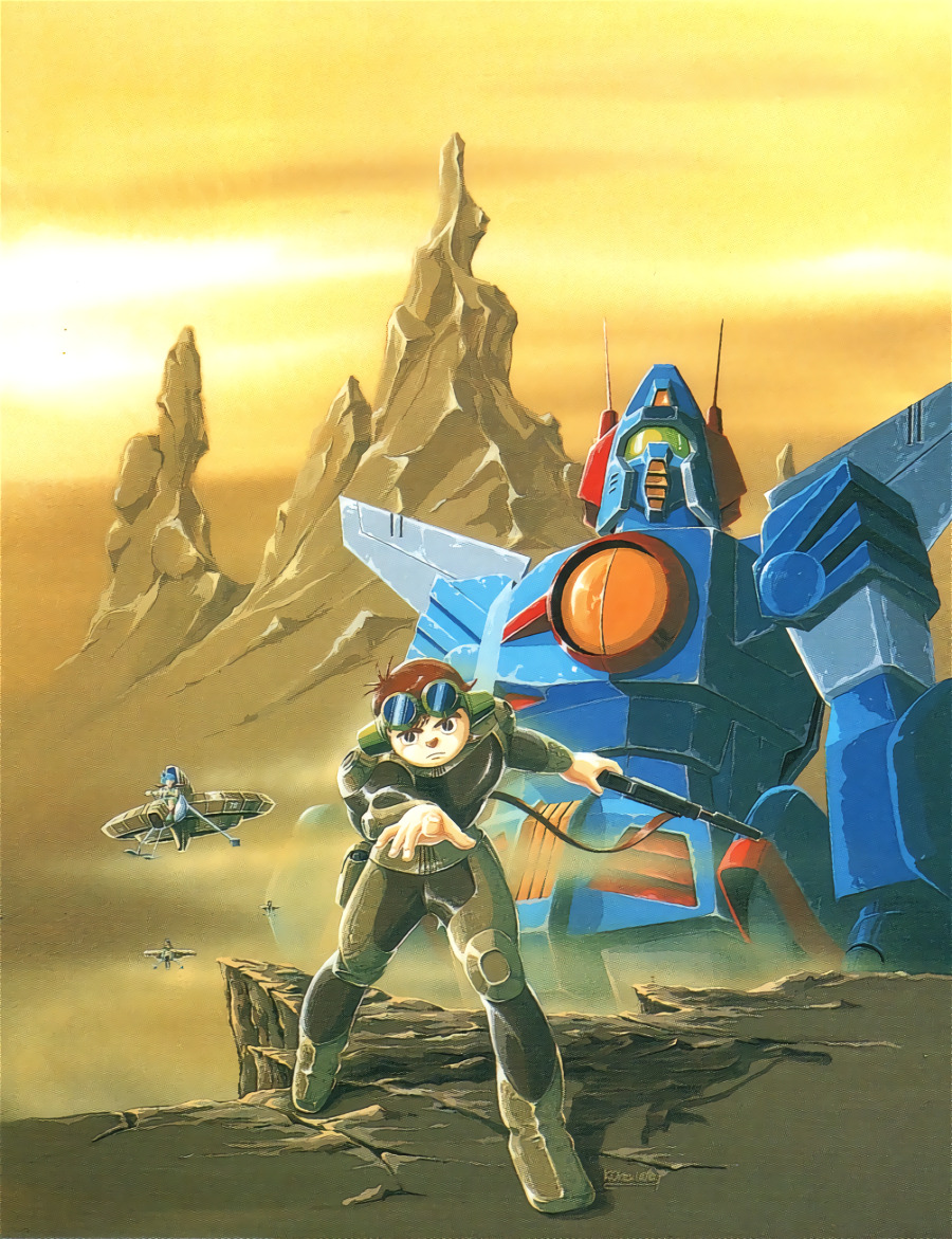 1980s_(style) 1girl 3boys aircraft animage belt blue_hair body_armor bodysuit boots brown_hair cloud commentary damaged dawn desert dirty dust dust_cloud english_commentary flying goggles gun handgun headgear holster jiron_amos magazine_scan mecha multiple_boys official_art oldschool ookawara_kunio painting_(medium) ponytail production_art promotional_art radio_antenna rag_uralo reaching reaching_towards_viewer retro_artstyle rifle robot scan science_fiction sentou_mecha_xabungle signature sun traditional_media weapon when_you_see_it xabungle_(mecha)