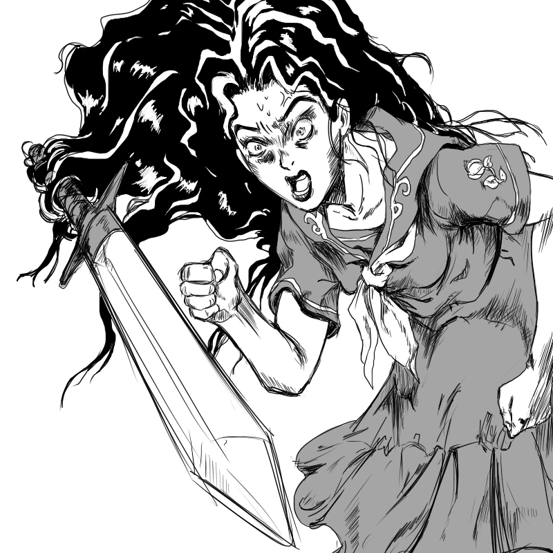 1girl bruford diamond_is_not_crash female_focus greyscale jojo_no_kimyou_na_bouken long_hair monochrome parody prehensile_hair school_uniform sketch solo sword tao_(pixiv140750) tao_(white_album) very_long_hair weapon yamagishi_yukako yandere
