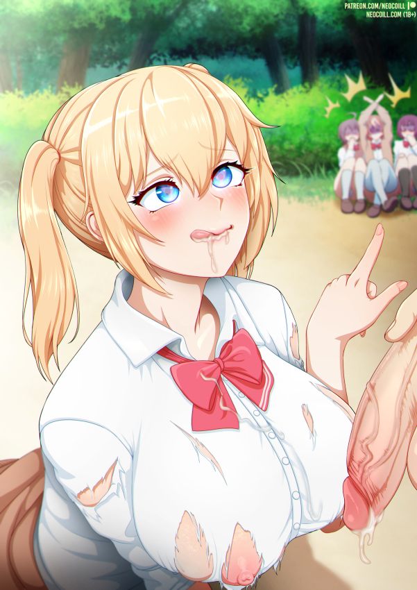 1boy 4girls :q after_ejaculation after_fellatio amatani_mutsu blonde_hair blue_eyes blurry blurry_background bow bowtie breasts button_gap closed_mouth day fingernails heart heart-shaped_pupils huge_breasts kneeling kujou_shion looking_at_another multiple_girls neocoill nipples onishima_homare open_mouth oral_invitation outdoors penis pointing pointing_at_another red_bow red_bowtie school_uniform shirt skirt solo_focus sounan_desuka? suzumori_asuka symbol-shaped_pupils tongue tongue_out torn_clothes torn_shirt tree twintails uncensored