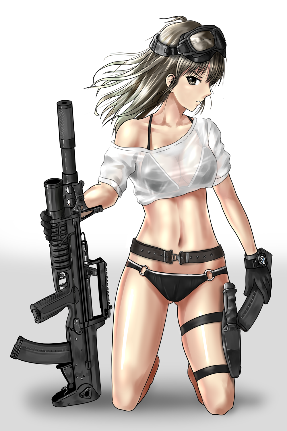 1girl ads_amphibious_rifle assault_rifle bikini black_gloves blonde_hair breasts brown_eyes bullpup caseless_firearm dual-medium_assault_rifle geococcyx gloves goggles grenade_launcher gun highres holding holster holstered kbp_instrument_design_bureau knife knife_sheath long_gun medium_breasts medium_hair midriff military multiple-barrel_gun off_shoulder_shirt original rifle see-through_clothes sheath shirt simple_background solo suppressor swimsuit tskib_soo underbarrel_grenade_launcher underwater_firearm weapon wet wet_clothes wet_shirt white_background white_shirt
