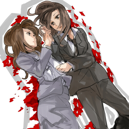 black_pants blazer brown_hair eye_contact formal_clothes grey_skirt jacket long_hair looking_at_another lowres lying mochako_(motyako) necktie on_back on_side original pants skirt suit yuri