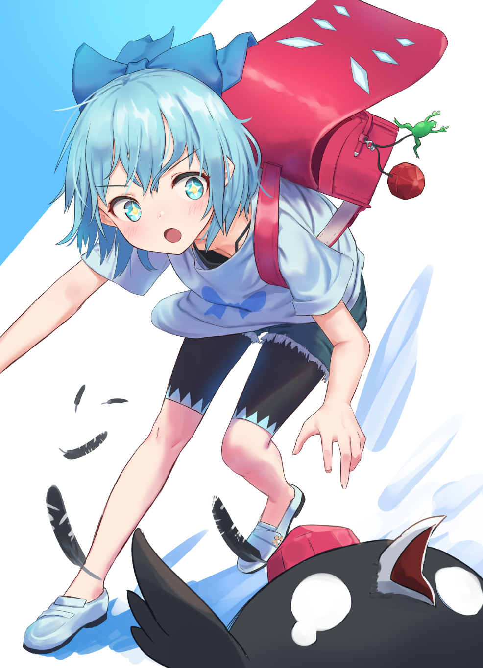 +_+ 1girl :o alternate_costume backpack bag bent_over bike_shorts bike_shorts_under_shorts bird black_shorts blue_background blue_bow blue_eyes blue_hair blue_shirt blue_shoes blush bow casual cirno commentary contemporary crow cutoffs denim denim_shorts downblouse feathers female_focus hair_bow hat highres loafers looking_at_another o_o open_mouth roke_(taikodon) shameimaru_aya shameimaru_aya_(crow) shirt shoes short_hair short_shorts short_sleeves shorts solo standing t-shirt tears tokin_hat touhou two-tone_background v-shaped_eyebrows white_background