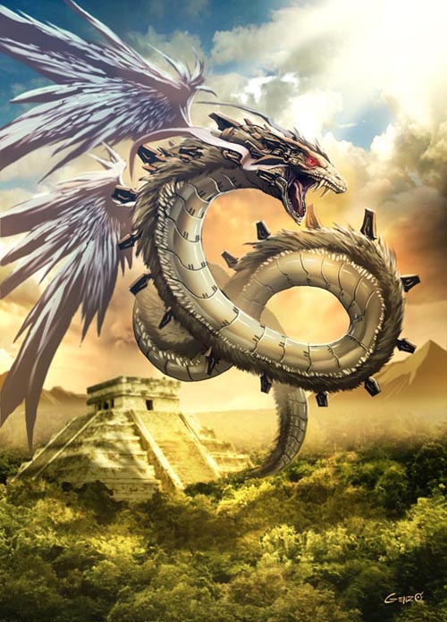 architecture aztec dragon epic feathers forest genzoman jungle kukulcan maya_(culture) mayan_mythology mesoamerican_architecture mexico monster mountain nature no_humans original pyramid_(structure) quetzalcoatl_(mythology) realistic red_eyes signature sky snake solo sun temple wings