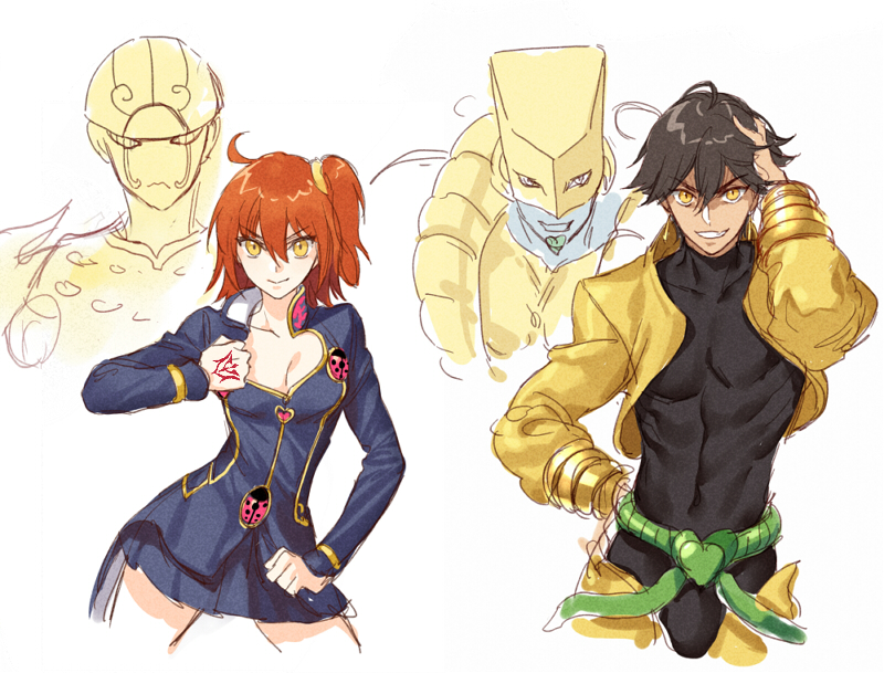 1boy 1girl abs alternate_costume belt black_hair black_shirt blue_jacket breasts cleavage cleavage_cutout clothing_cutout command_spell contrapposto cosplay dio_brando dio_brando_(cosplay) fate/grand_order fate_(series) fujimaru_ritsuka_(female) giorno_giovanna giorno_giovanna&#039;s_pose_(jojo) giorno_giovanna_(cosplay) gold_experience grin hair_between_eyes hair_ornament hair_scrunchie hand_in_own_hair hand_on_own_hip hand_up heart_cutout jacket jojo_no_kimyou_na_bouken jojo_pose kangetsu_(fhalei) koyasu_takehito long_sleeves looking_at_viewer one_side_up open_clothes open_jacket ozymandias_(fate) pants red_hair scrunchie shirt simple_background smile stand_(jojo) standing stardust_crusaders the_world vento_aureo voice_actor_connection white_background yellow_eyes yellow_jacket yellow_pants
