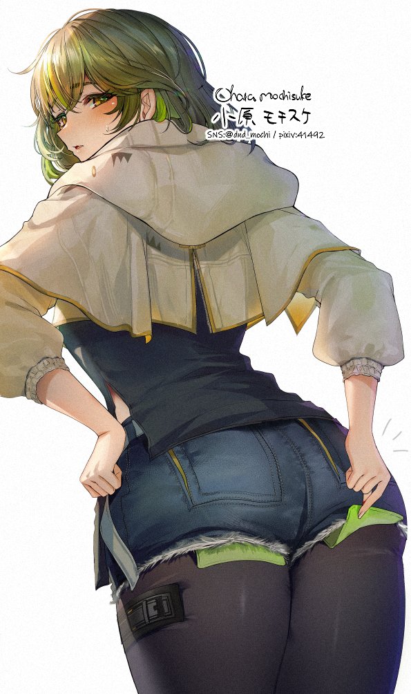 1girl adjusting_clothes ass brown_hair cropped_hoodie denim denim_shorts exposed_pocket final_fantasy final_fantasy_xiv from_behind green_hair hood hoodie hyur mochimochi_dando multicolored_hair pantyhose pantyhose_under_shorts short_shorts shorts solo sphene_(ff14)