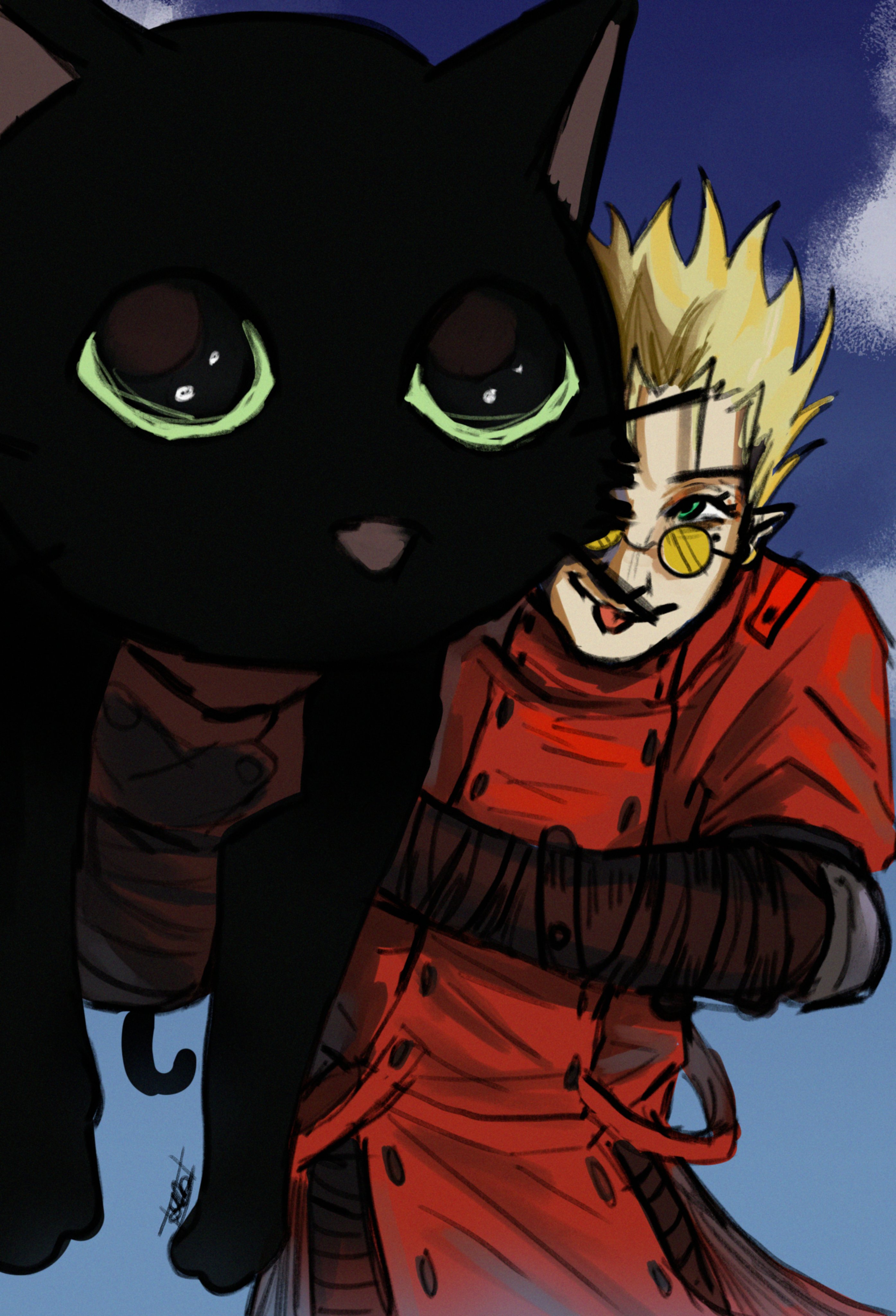 1boy absurdres animal black_cat blonde_hair blue_eyes blue_sky cat closed_mouth cloud coat day highres holding holding_animal holding_cat kuroneko_(trigun) male_focus outdoors photo-referenced red_coat short_hair sky smile solo sp00ky9 sunglasses tinted_eyewear tongue tongue_out trigun upper_body vash_the_stampede yellow-tinted_eyewear