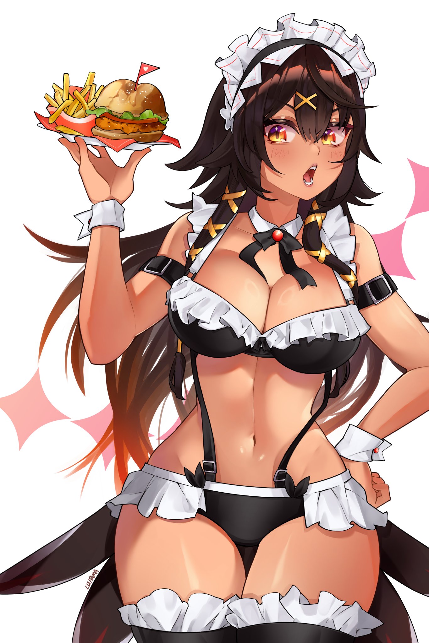 1girl artist_name black_hair black_hairband black_thighhighs breasts brown_hair burger cleavage collar detached_collar food french_fries frilled_hairband frilled_thighhighs frills gold_ribbon gradient_hair hair_ornament hair_ribbon hairband hand_on_own_hip hara_rae_sol heart highres holding holding_plate indie_virtual_youtuber linea_alba lips long_hair multicolored_hair navel open_mouth plate ribbon second-party_source solo suprhiro suspenders tan thigh_gap thighhighs virtual_youtuber white_collar white_wrist_cuffs wrist_cuffs x_hair_ornament