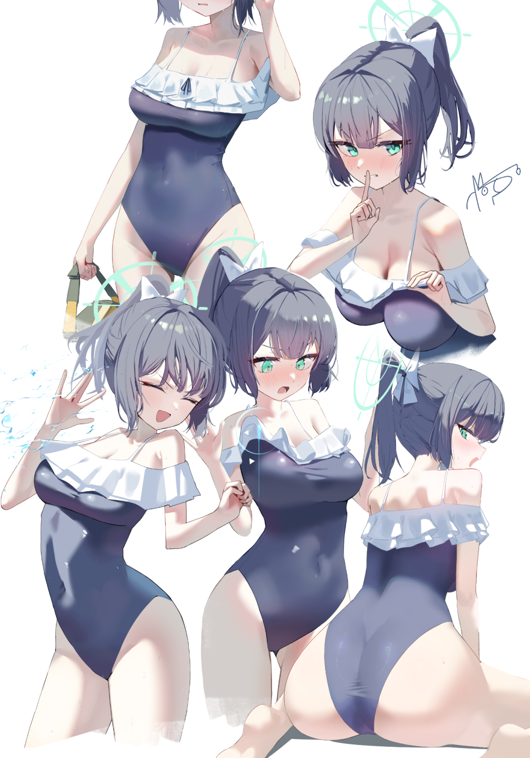1girl aqua_eyes ass blue_archive blue_hair blue_one-piece_swimsuit casual_one-piece_swimsuit cosplay dan_nako frilled_one-piece_swimsuit frills halo highres miyako_(blue_archive) miyako_(blue_archive)_(cosplay) miyako_(swimsuit)_(blue_archive) off-shoulder_one-piece_swimsuit off_shoulder one-piece_swimsuit ponytail saki_(blue_archive) solo swimsuit two-tone_one-piece_swimsuit