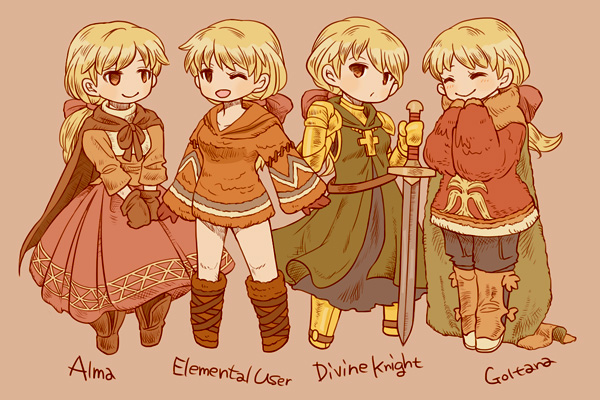 1girl alma_beoulve armor bad_id bad_pixiv_id blonde_hair boots breasts brown_eyes cape female_focus final_fantasy final_fantasy_tactics geomancer_(fft) gloves long_hair ray090611 smile solo sword weapon