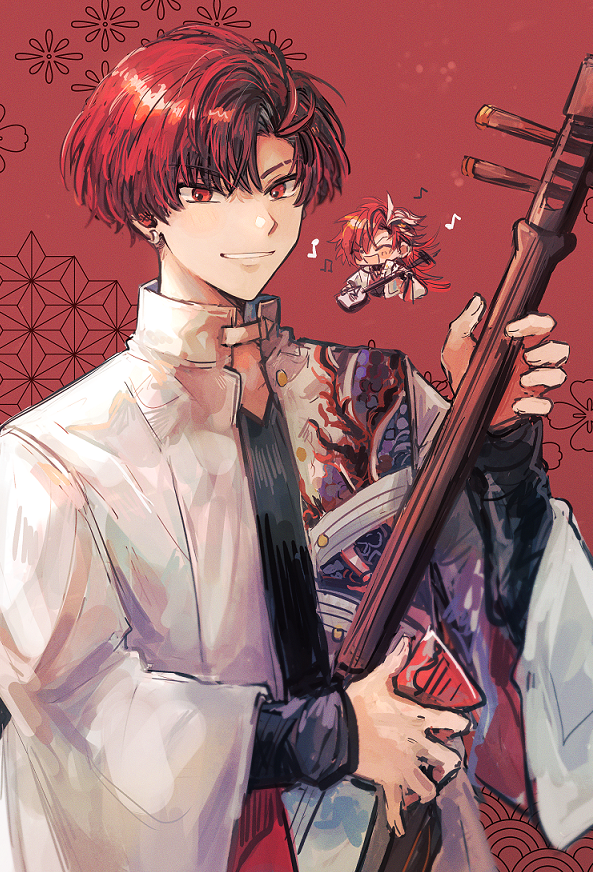1boy asa_no_ha_(pattern) bachi black_shirt blush chibi chibi_inset closed_eyes coat cropped_torso dragon_print dual_persona earrings eighth_note fate/grand_order fate_(series) grin holding holding_instrument holding_plectrum instrument jewelry long_sleeves looking_at_viewer male_focus musical_note open_mouth orizu_lm parted_bangs plectrum print_coat red_background red_eyes seigaiha shamisen shirt short_hair smile solo takasugi_shinsaku_(fate) takasugi_shinsaku_(first_ascension)_(fate) upper_body white_coat