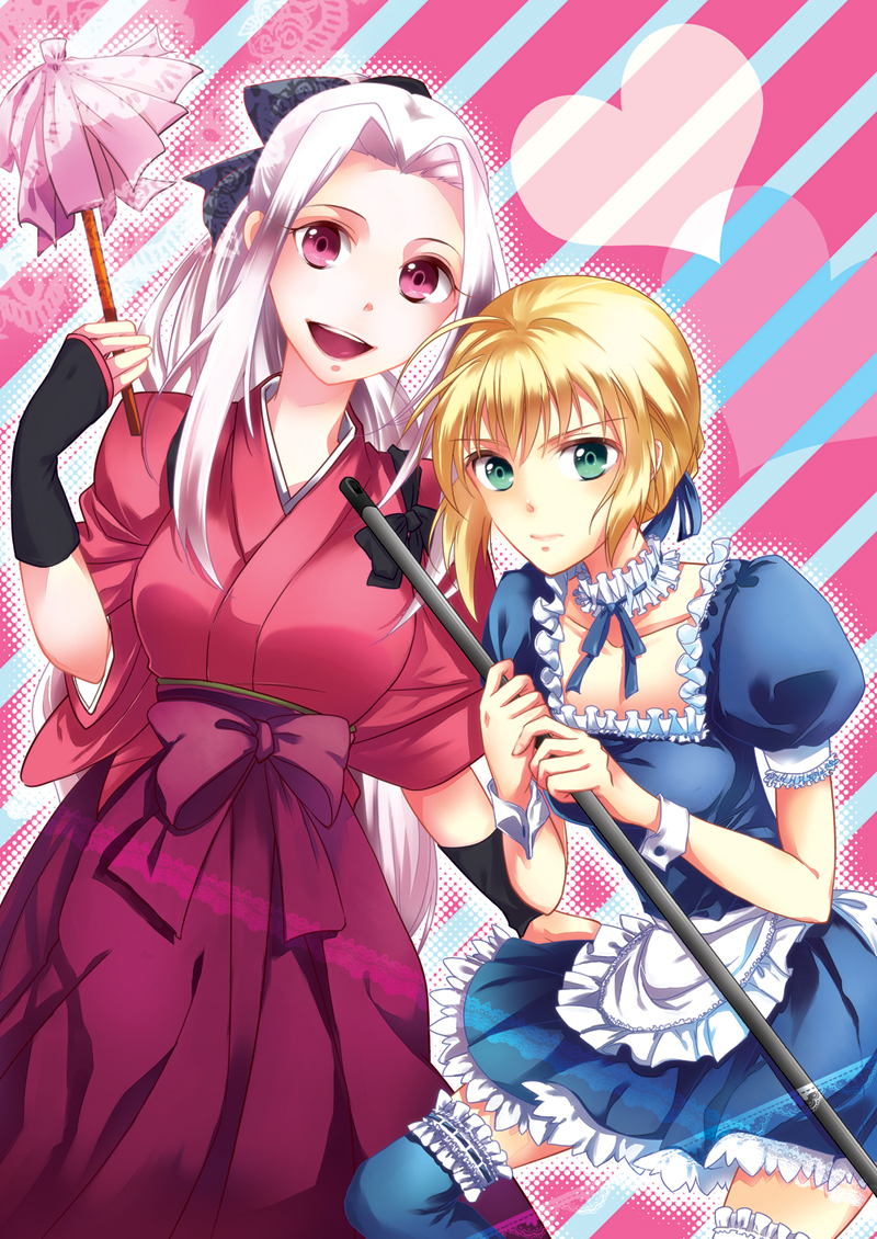 2girls ahoge artoria_pendragon_(fate) bad_id bad_pixiv_id blonde_hair broom fate/zero fate_(series) green_eyes instructor_iri irisviel_von_einzbern japanese_clothes kimono long_hair maid multiple_girls official_alternate_costume ponytail red_eyes saber_(fate) thighhighs white_hair wrist_cuffs yoruko246