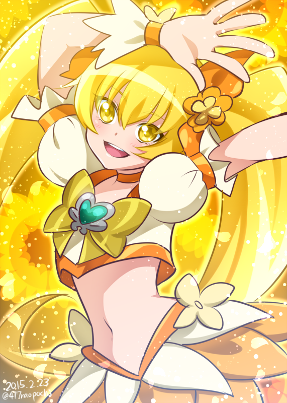 0417nao 10s 1girl 2015 arms_up blonde_hair bow brooch crop_top cure_sunshine dated female_focus hair_bow heart heart_brooch heartcatch_precure! jewelry long_hair magical_girl midriff myoudouin_itsuki navel orange_bow precure signature skirt smile solo twintails twitter_username yellow_bow yellow_eyes