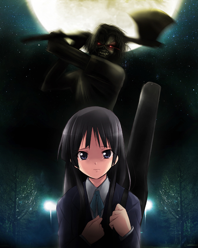 1girl akiyama_mio axe bad_end black_eyes black_hair creepy crossover eddie_the_head glowing glowing_eyes heavy_metal horror_(theme) iron_maiden_(band) k-on! kaiga long_hair monster moon murder scared school_uniform tears weapon zombie