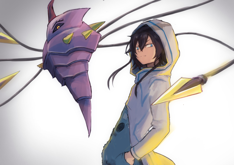 1boy chrysalimon digimon digimon_(creature) digimon_story:_cyber_sleuth hood horns looking_at_viewer sanada_arata tentacles yellow_eyes