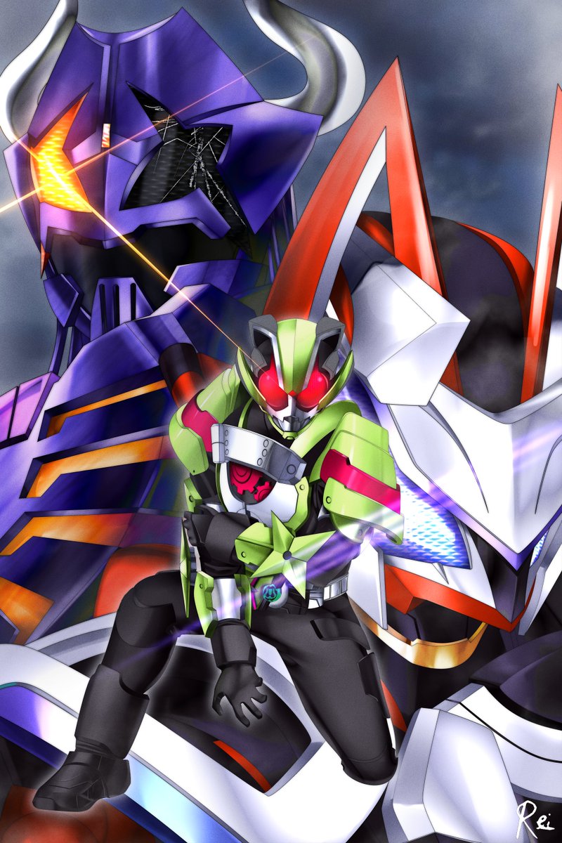 3boys animal_ears armor black_bodysuit black_footwear blue_eyes bodysuit boots buffalo cloud cloudy_sky compound_eyes desire_driver fox fox_ears gears glowing glowing_eyes green_armor hand_on_own_arm highres kamen_rider kamen_rider_buffa kamen_rider_geats kamen_rider_geats_(series) kamen_rider_tycoon kneeling mixed-language_commentary multiple_boys ninja open_hand orange_eyes purple_armor red_eyes reiei_8 signature sky tanuki upper_body zombie